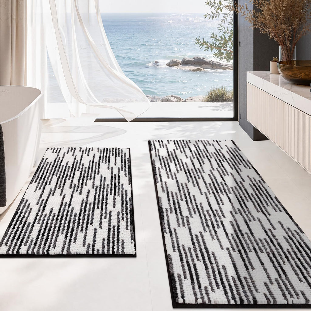 BSICPRO Bathroom Rugs Sets 2 Piece, Non Slip Striped Bath Mats, Fog Blue
