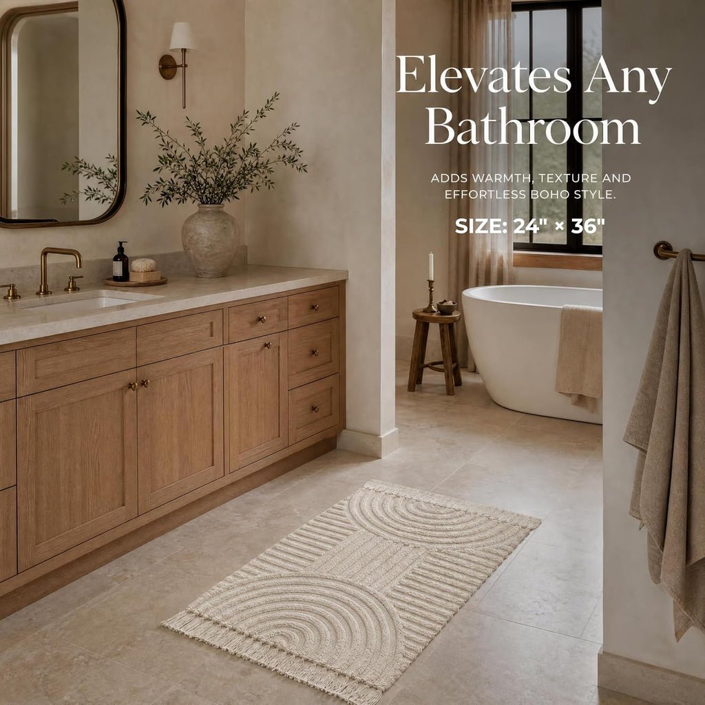 KIBAGA Beautiful Boho Rug with Tassels for Bathroom - Soft 2x3 ft Cotton