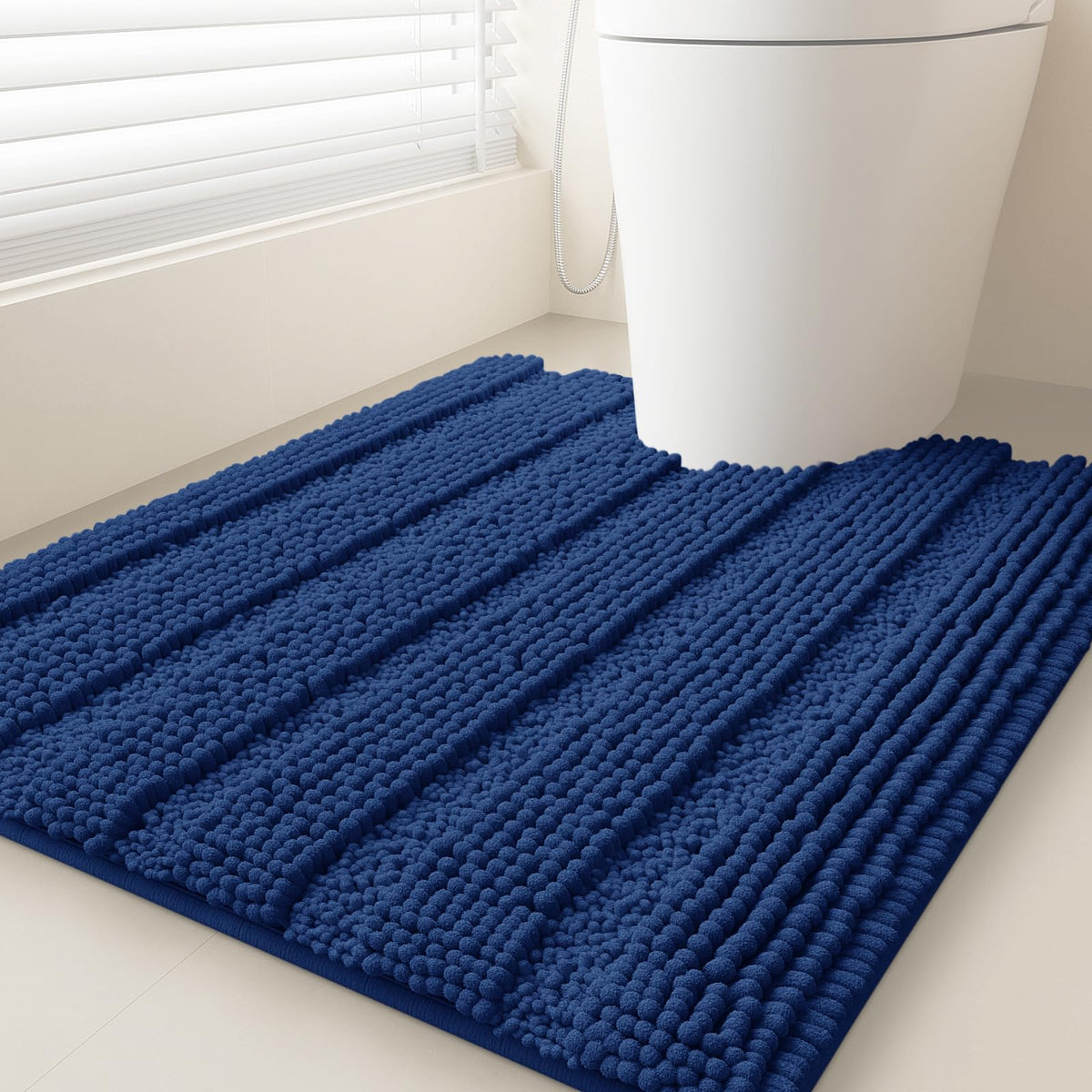 ACCUMTEK Striped Navy Blue Bathroom Rug Set 3 Pieces Ultra Soft, Non Slip Chenille Toilet Mat, Absorbent Plush Shaggy Bath Mats for Bathroom, Bedroom, Kitchen