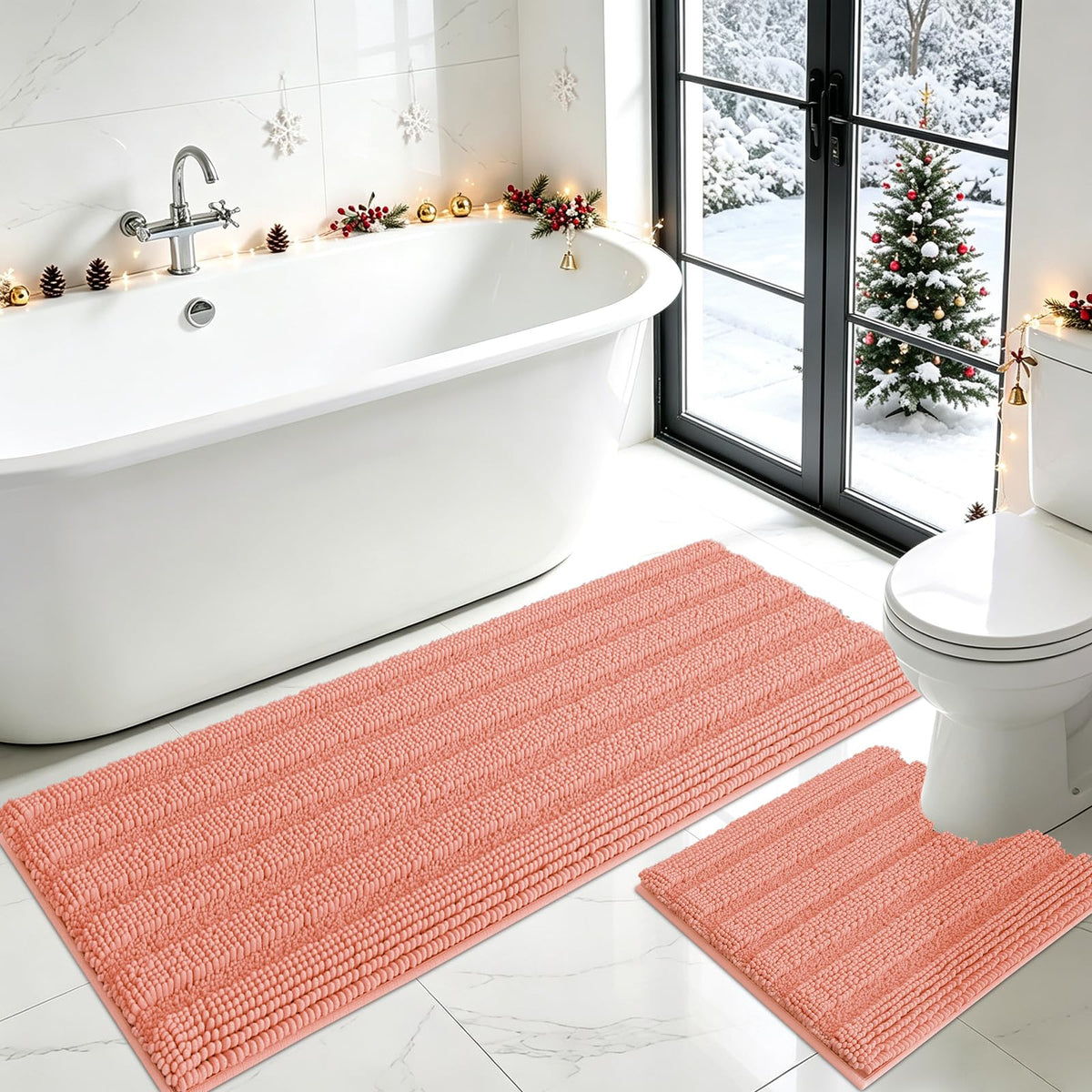 ACCUMTEK Striped Navy Blue Bathroom Rug Set 3 Pieces Ultra Soft, Non Slip Chenille Toilet Mat, Absorbent Plush Shaggy Bath Mats for Bathroom, Bedroom, Kitchen