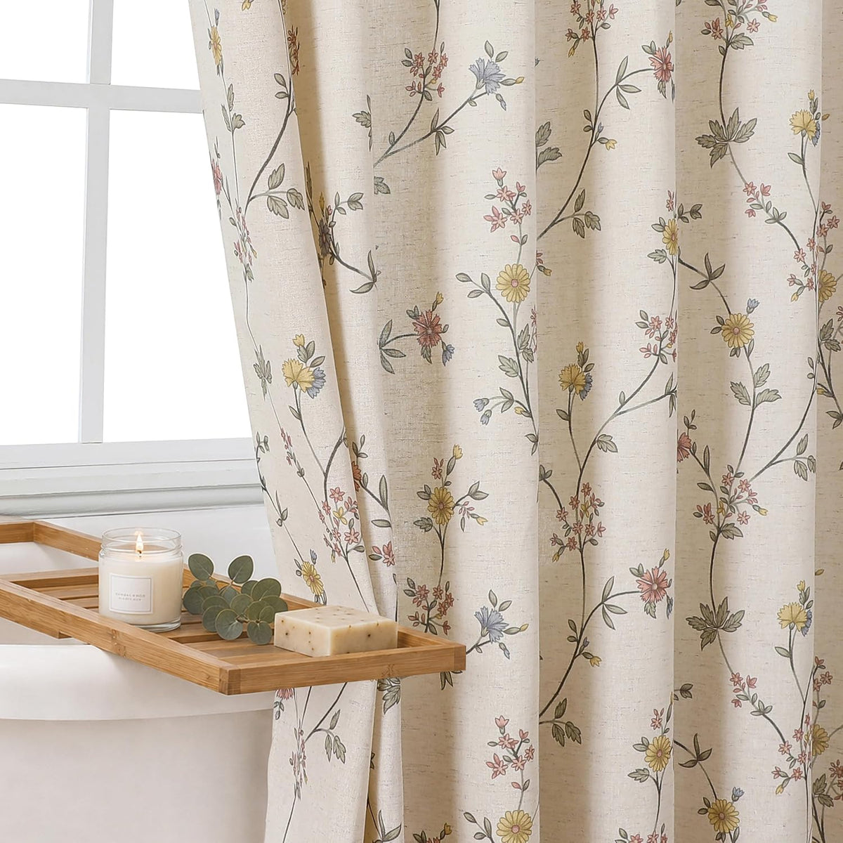 Colorful Star Yellow Floral Linen Shower Curtain Cottagecore, 72" W x 72" L
