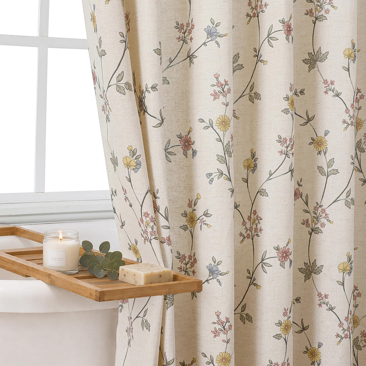 Colorful Star Yellow Floral Linen Shower Curtain Cottagecore, 72" W x 72" L