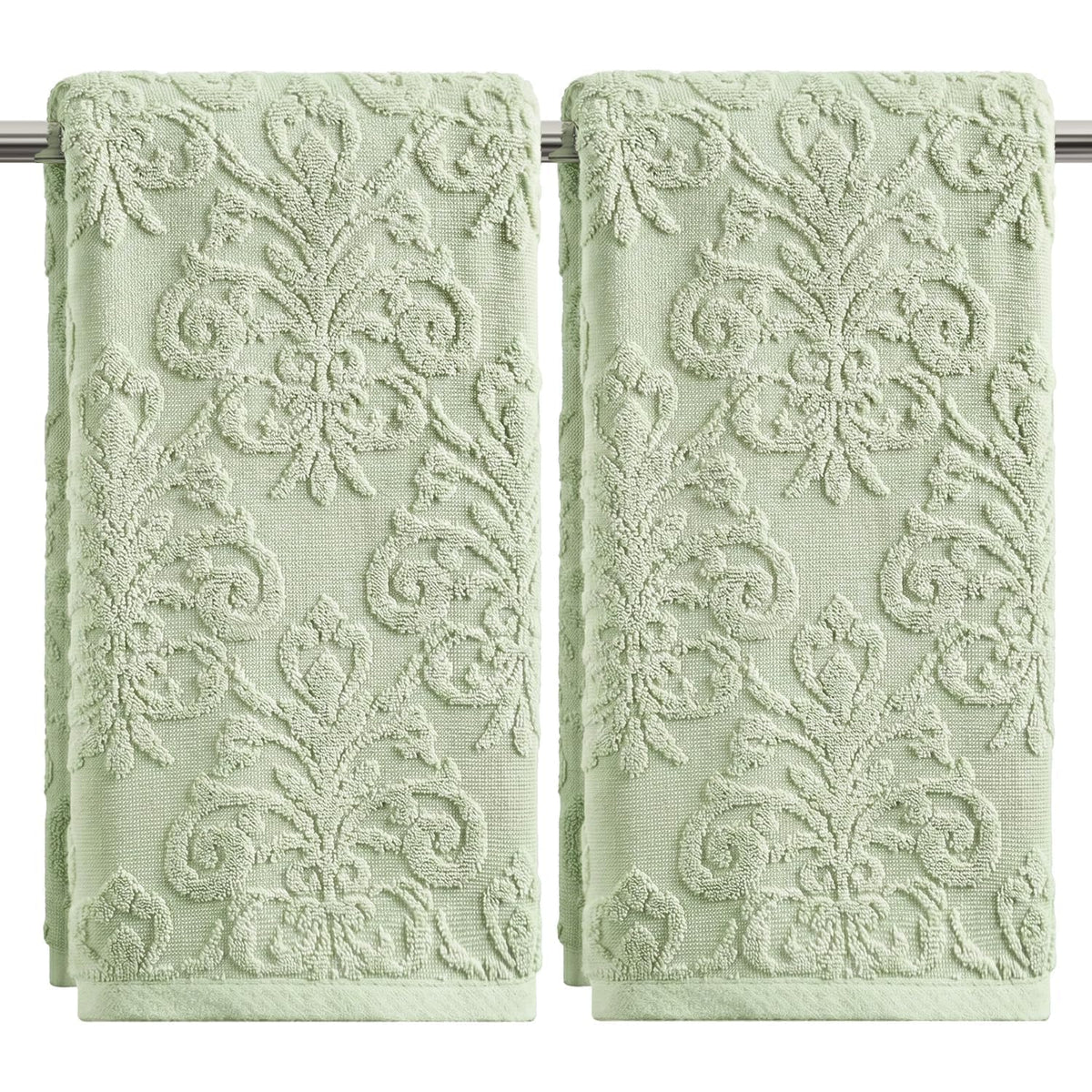Artoid Mode 2 Pcs Olive Green 3D Vintage Floral Hand Towels for Bathroom, 100% Cotton Soft Absorbent Bathroom Decor Towels, 13.7 x 29.5 Inch