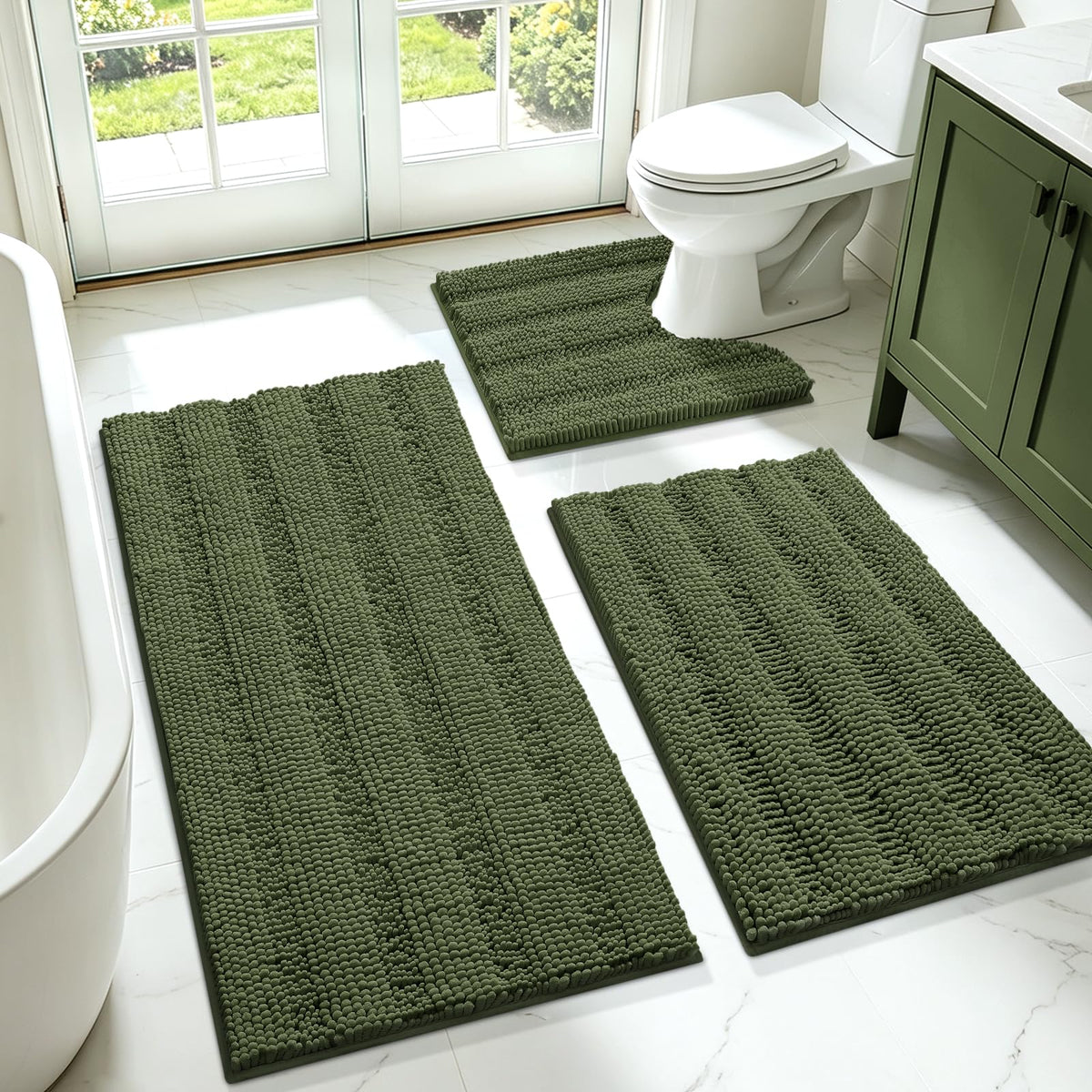 ACCUMTEK Striped Navy Blue Bathroom Rug Set 3 Pieces Ultra Soft, Non Slip Chenille Toilet Mat, Absorbent Plush Shaggy Bath Mats for Bathroom, Bedroom, Kitchen