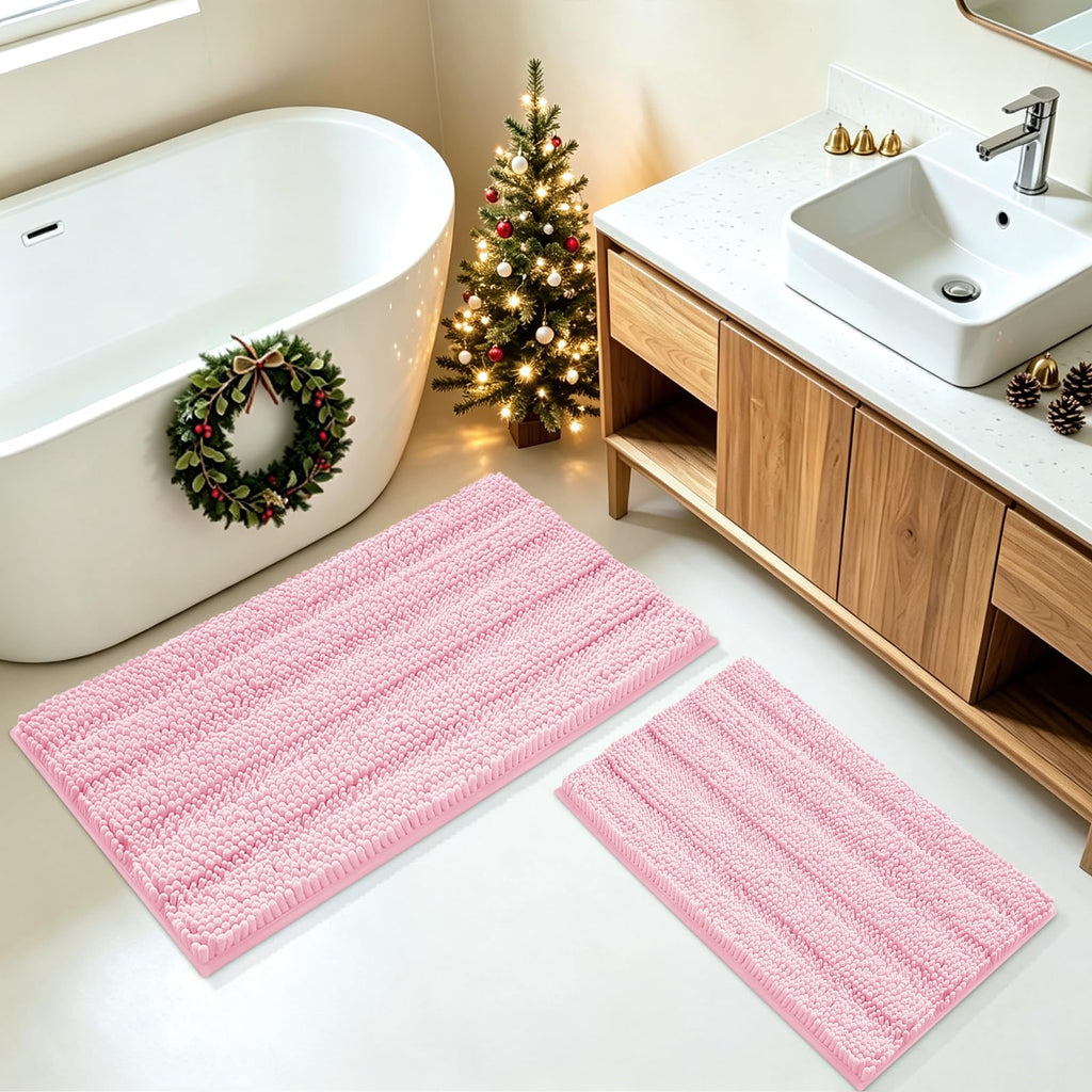 ACCUMTEK Striped Navy Blue Bathroom Rug Set 3 Pieces Ultra Soft, Non Slip Chenille Toilet Mat, Absorbent Plush Shaggy Bath Mats for Bathroom, Bedroom, Kitchen