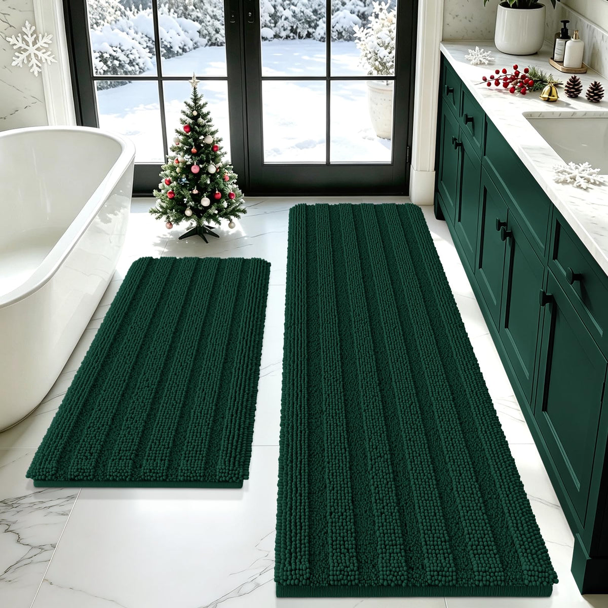ACCUMTEK Striped Navy Blue Bathroom Rug Set 3 Pieces Ultra Soft, Non Slip Chenille Toilet Mat, Absorbent Plush Shaggy Bath Mats for Bathroom, Bedroom, Kitchen