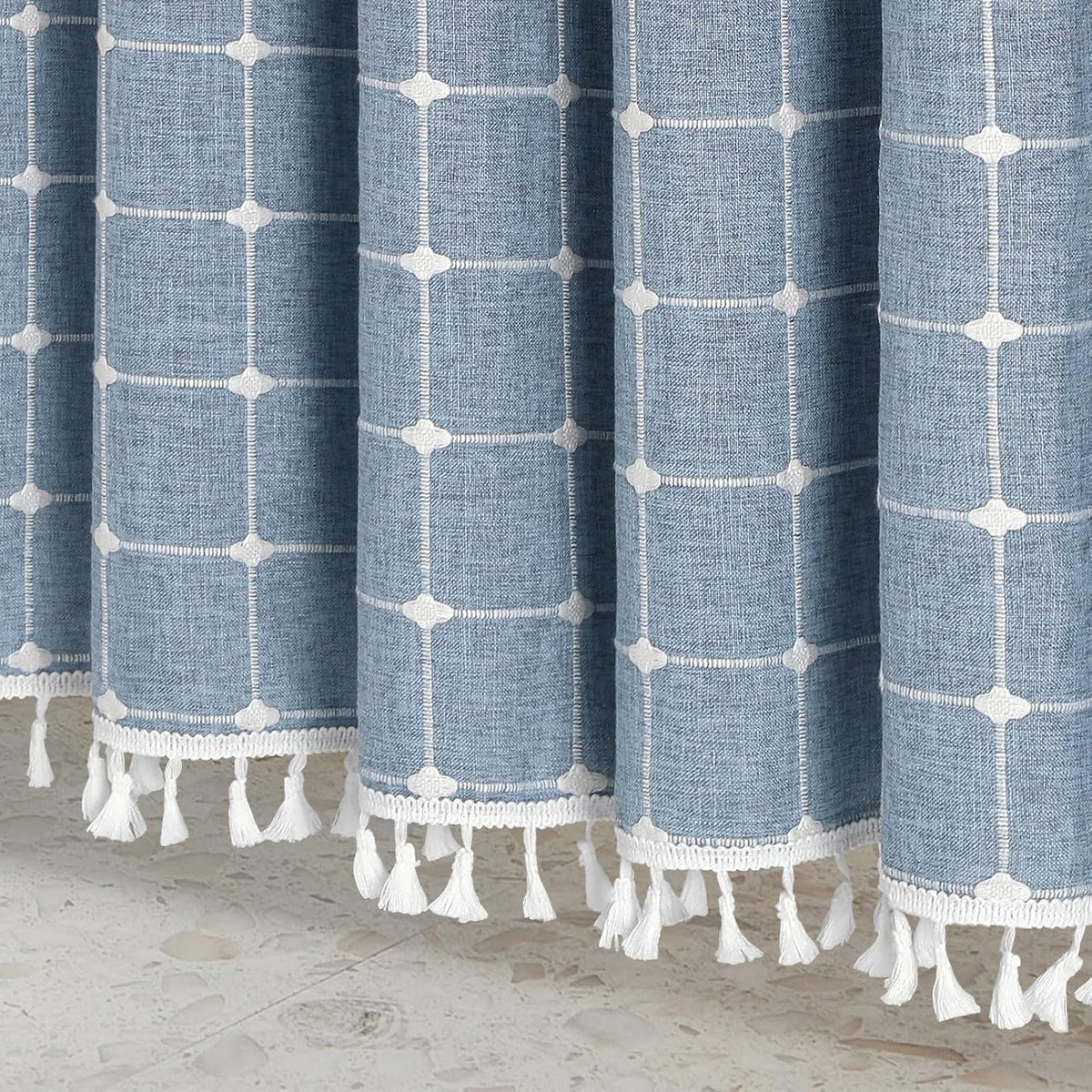 Boho Farmhouse Classic Plaid Linen Tassel Shower Curtain Blue,72x72