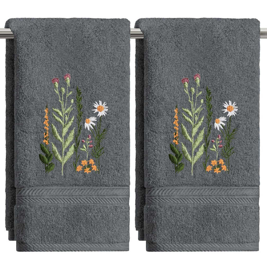 Artoid Mode 2 Pcs Beige Wildflower Floral Embroidered Hand Towels for Bathroom, 100% Cotton Soft Absorbent Farmhouse Decor Towels, 13.7 x 29.5 Inch