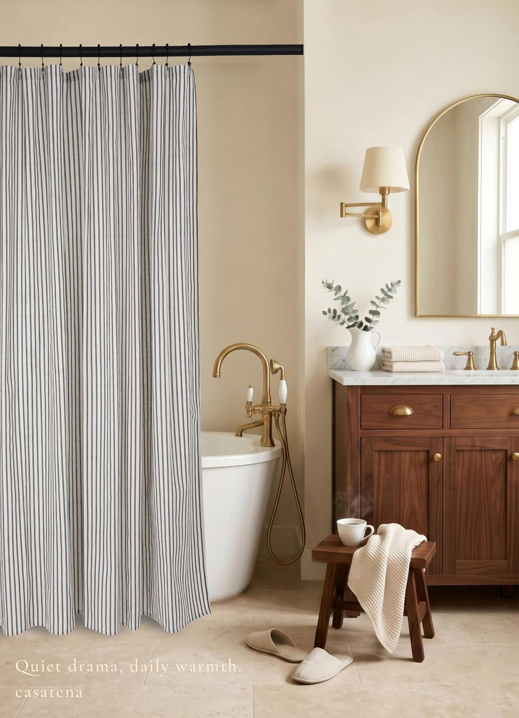 Farmhouse Striped Shower Curtain - 72x72 Inches, Linen Blend Fabric, Breathable & Machine Washable, Rustic Black for Bathroom Decor (Hooks/Liner Not Included)