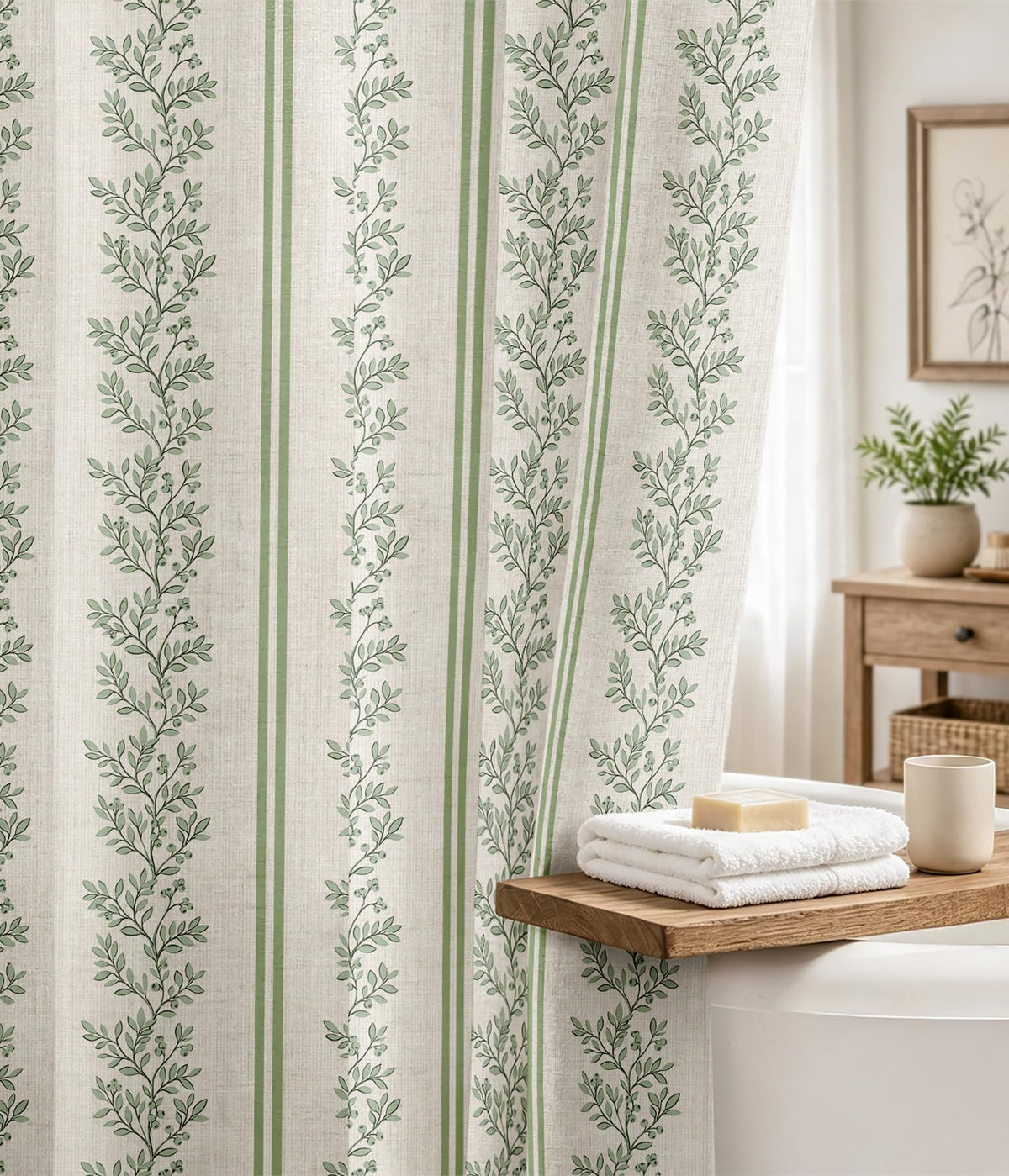 MAMUSE Linen Shower Curtain for Bathroom - Cute Aesthetic Decorative Modern Girly Unique Girls Design Farmhouse Women Waterproof Cortinas de Baño Bathtub 72 x 72 Inch, Sage Flower