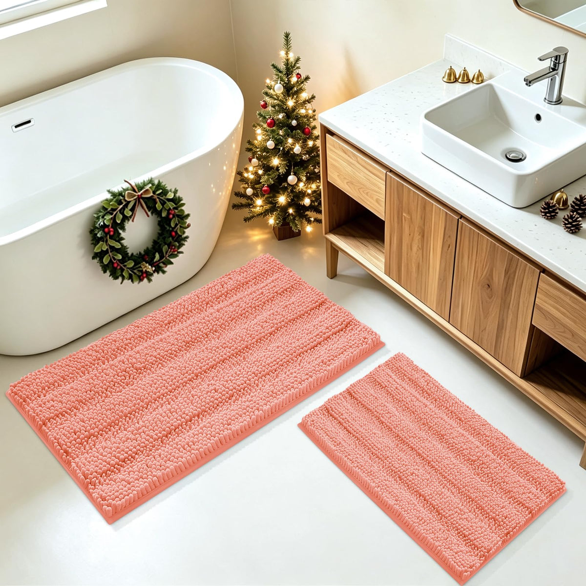 ACCUMTEK Striped Navy Blue Bathroom Rug Set 3 Pieces Ultra Soft, Non Slip Chenille Toilet Mat, Absorbent Plush Shaggy Bath Mats for Bathroom, Bedroom, Kitchen