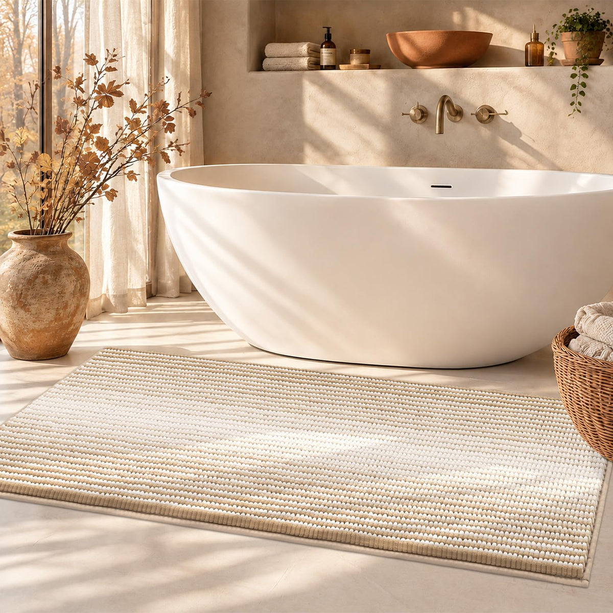 BSICPRO Bathroom Rugs Sets 2 Piece, Non Slip Striped Bath Mats, Fog Blue
