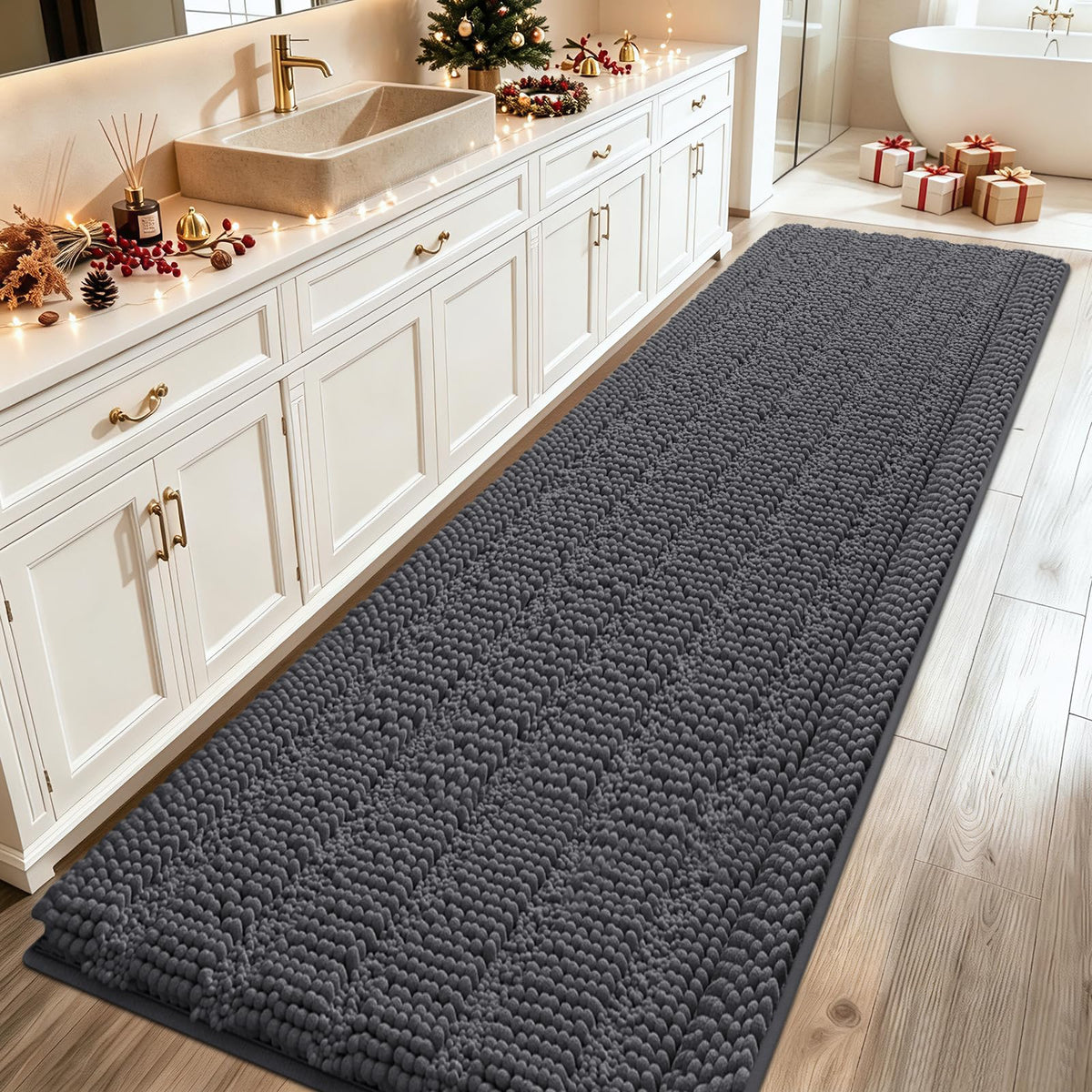 ACCUMTEK Striped Navy Blue Bathroom Rug Set 3 Pieces Ultra Soft, Non Slip Chenille Toilet Mat, Absorbent Plush Shaggy Bath Mats for Bathroom, Bedroom, Kitchen