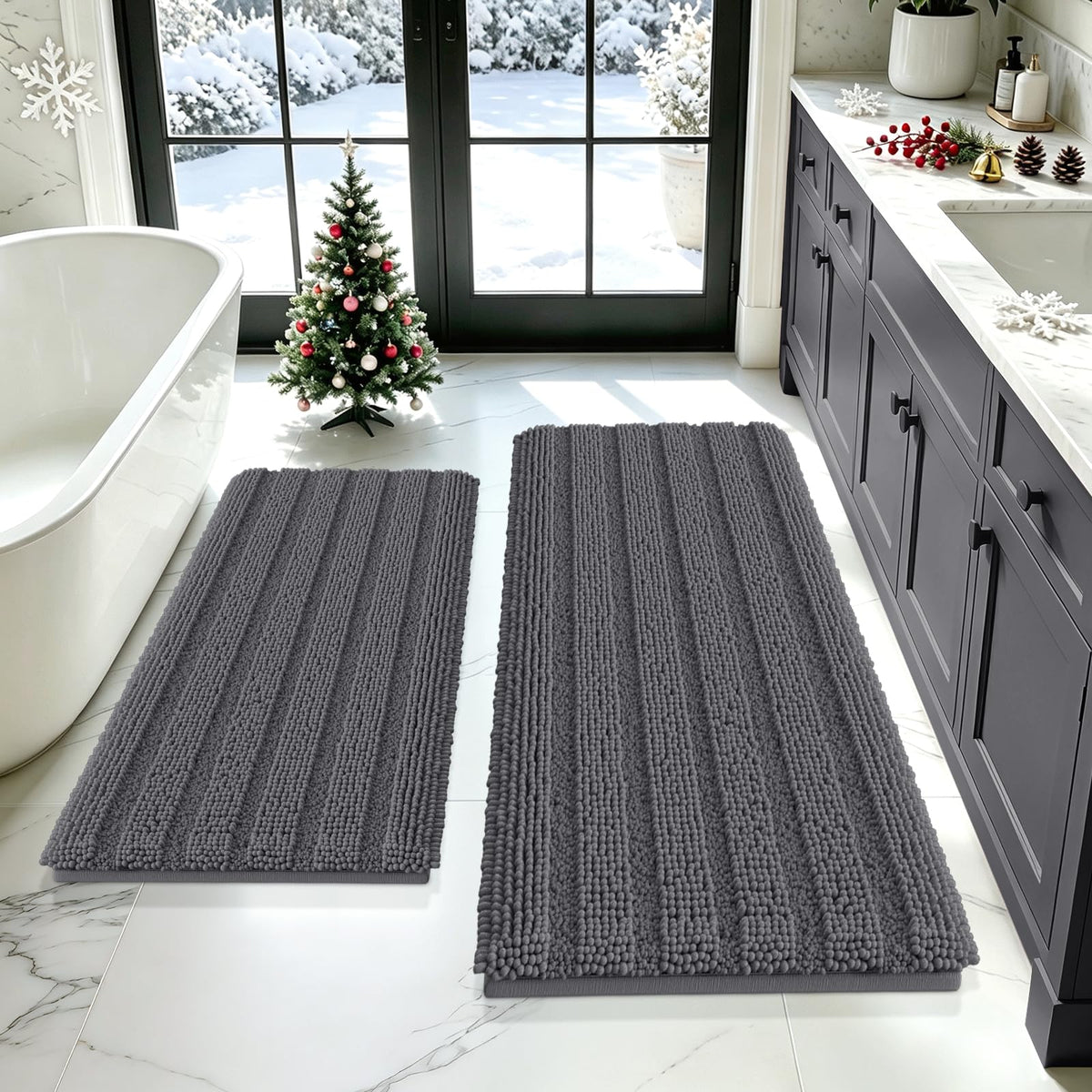ACCUMTEK Striped Navy Blue Bathroom Rug Set 3 Pieces Ultra Soft, Non Slip Chenille Toilet Mat, Absorbent Plush Shaggy Bath Mats for Bathroom, Bedroom, Kitchen