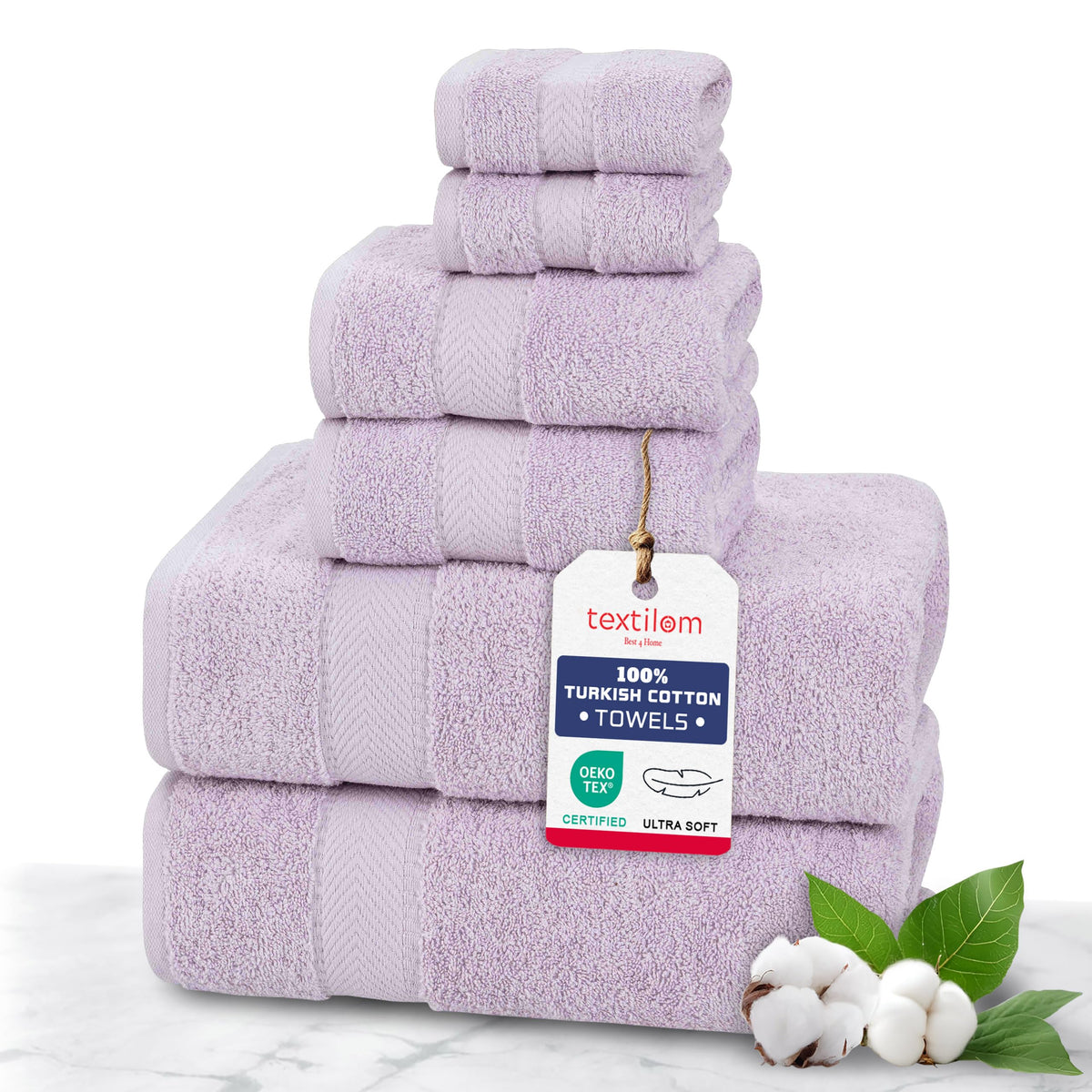 TEXTILOM 100% Turkish Cotton 6 Pcs Bath Towel Set, Luxury Soft & Absorbent Bathroom Towels Set (2 Bath Towels, 2 Hand Towels, 2 Washcloths)- Lilac