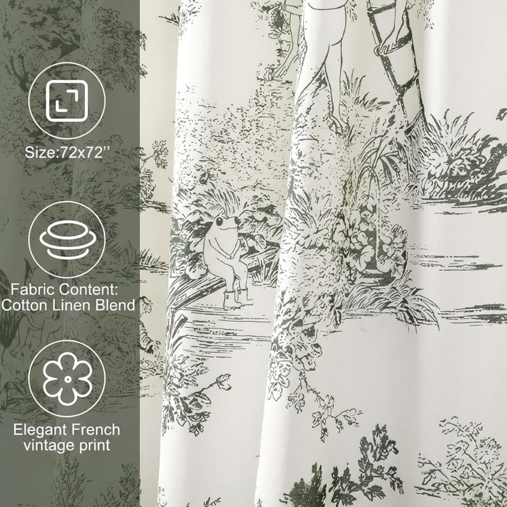 Mindsoft Vintage French Frog Toile Shower, Green, 72x72 Inch