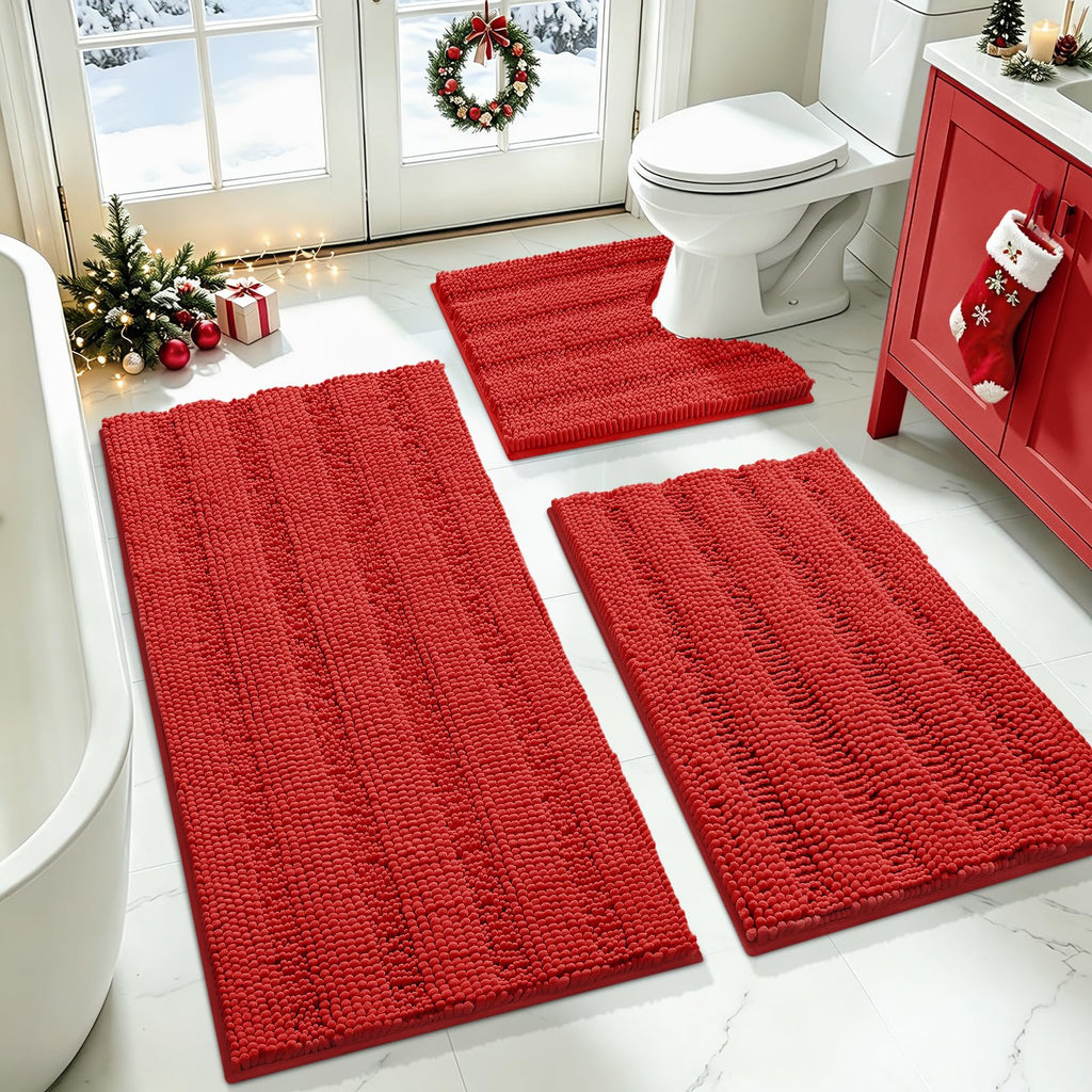 ACCUMTEK Striped Navy Blue Bathroom Rug Set 3 Pieces Ultra Soft, Non Slip Chenille Toilet Mat, Absorbent Plush Shaggy Bath Mats for Bathroom, Bedroom, Kitchen