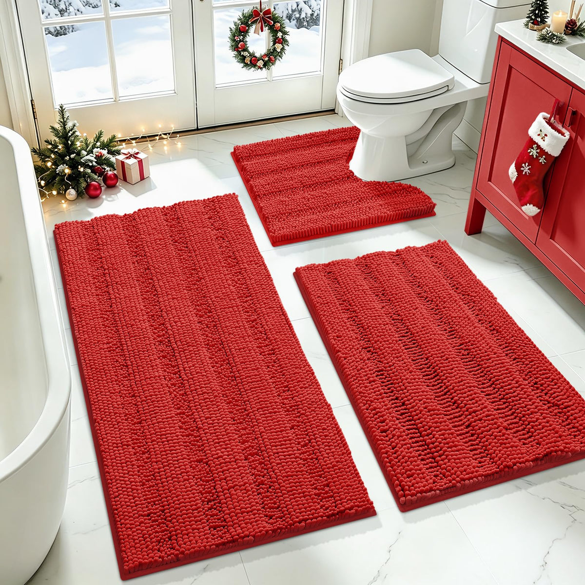 ACCUMTEK Striped Navy Blue Bathroom Rug Set 3 Pieces Ultra Soft, Non Slip Chenille Toilet Mat, Absorbent Plush Shaggy Bath Mats for Bathroom, Bedroom, Kitchen