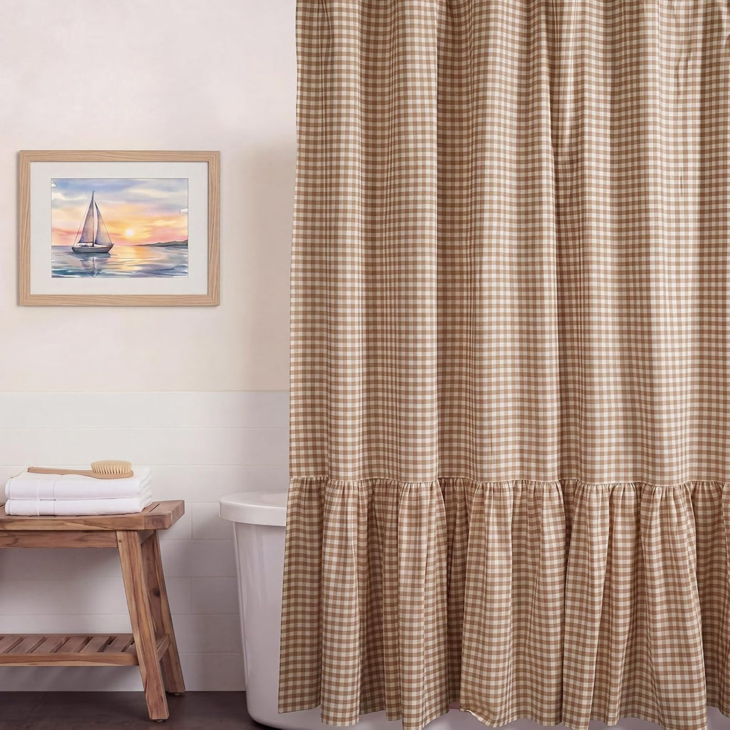 HunnmingRe Ruffle Hem Gingham Shower Curtain Taupe