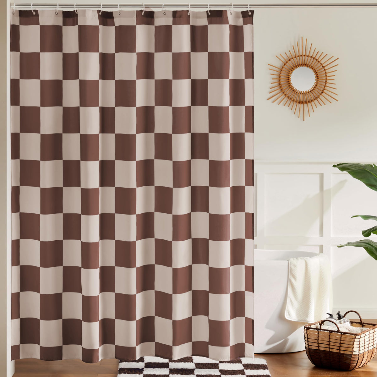 Ohocut Checkered Shower Curtain, Double Pink Plaid Shower Curtains for Bathroom, Cute Retro Checkboard Shower Curtain Vintage Aesthetic, Washable Fabric Bath Curtain 72''x72''