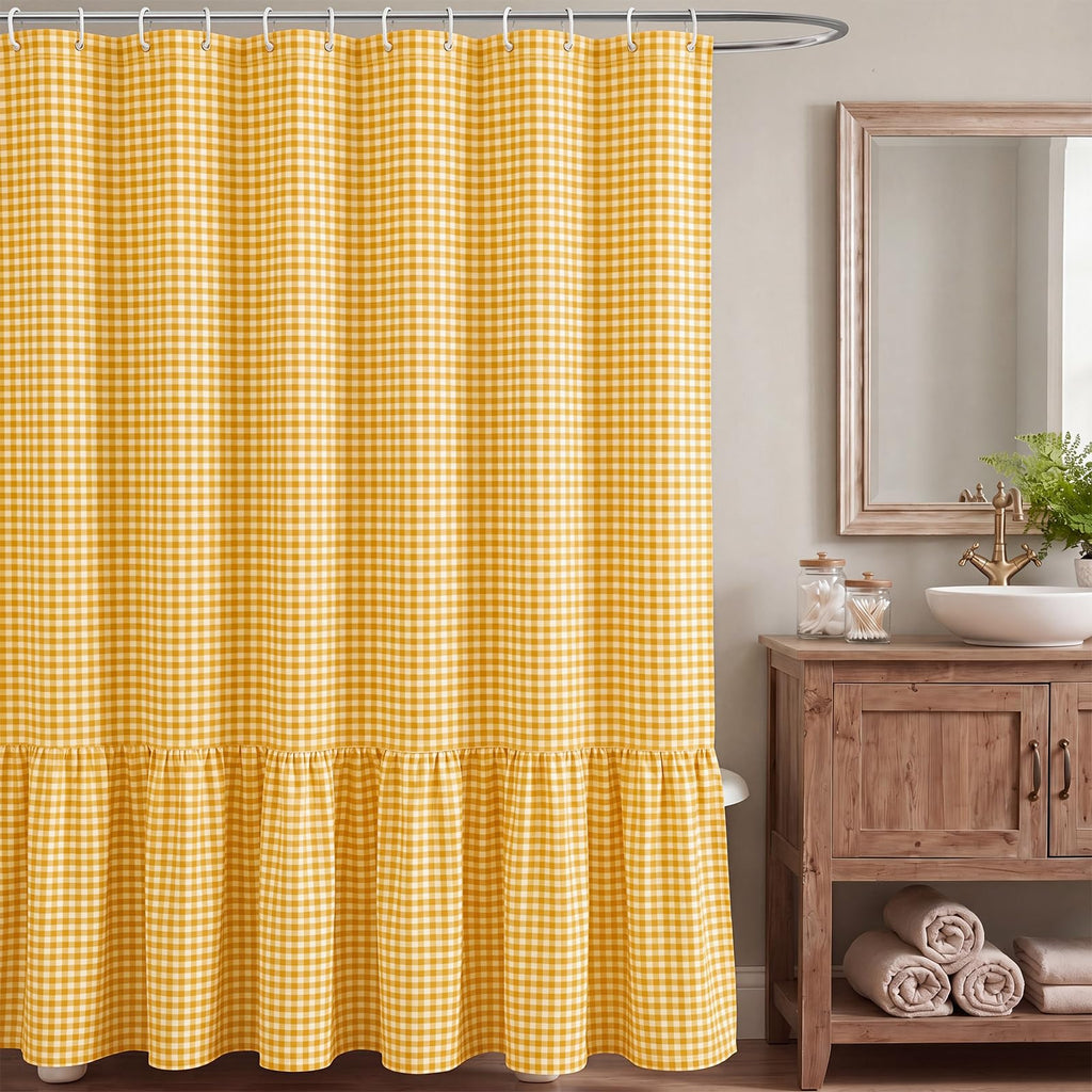HunnmingRe Ruffled Gingham Shower Curtain Red