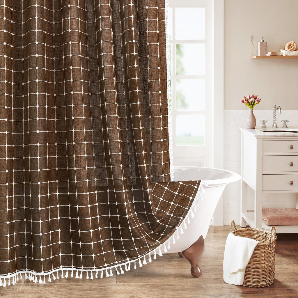 Boho Farmhouse Classic Plaid Linen Tassel Shower Curtain Blue,72x72