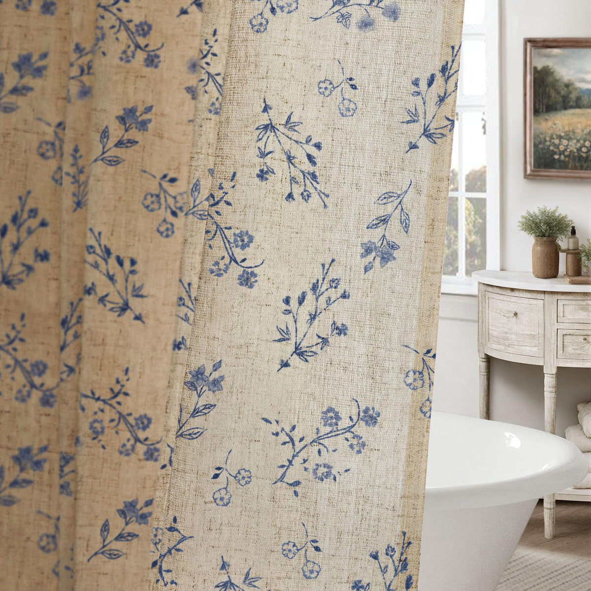 Floral Farmhouse Vintage Linen Shower Curtain French Country Decor 72Wx72H