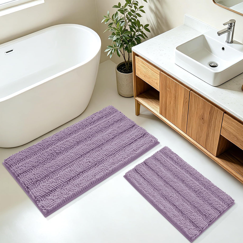 ACCUMTEK Striped Navy Blue Bathroom Rug Set 3 Pieces Ultra Soft, Non Slip Chenille Toilet Mat, Absorbent Plush Shaggy Bath Mats for Bathroom, Bedroom, Kitchen