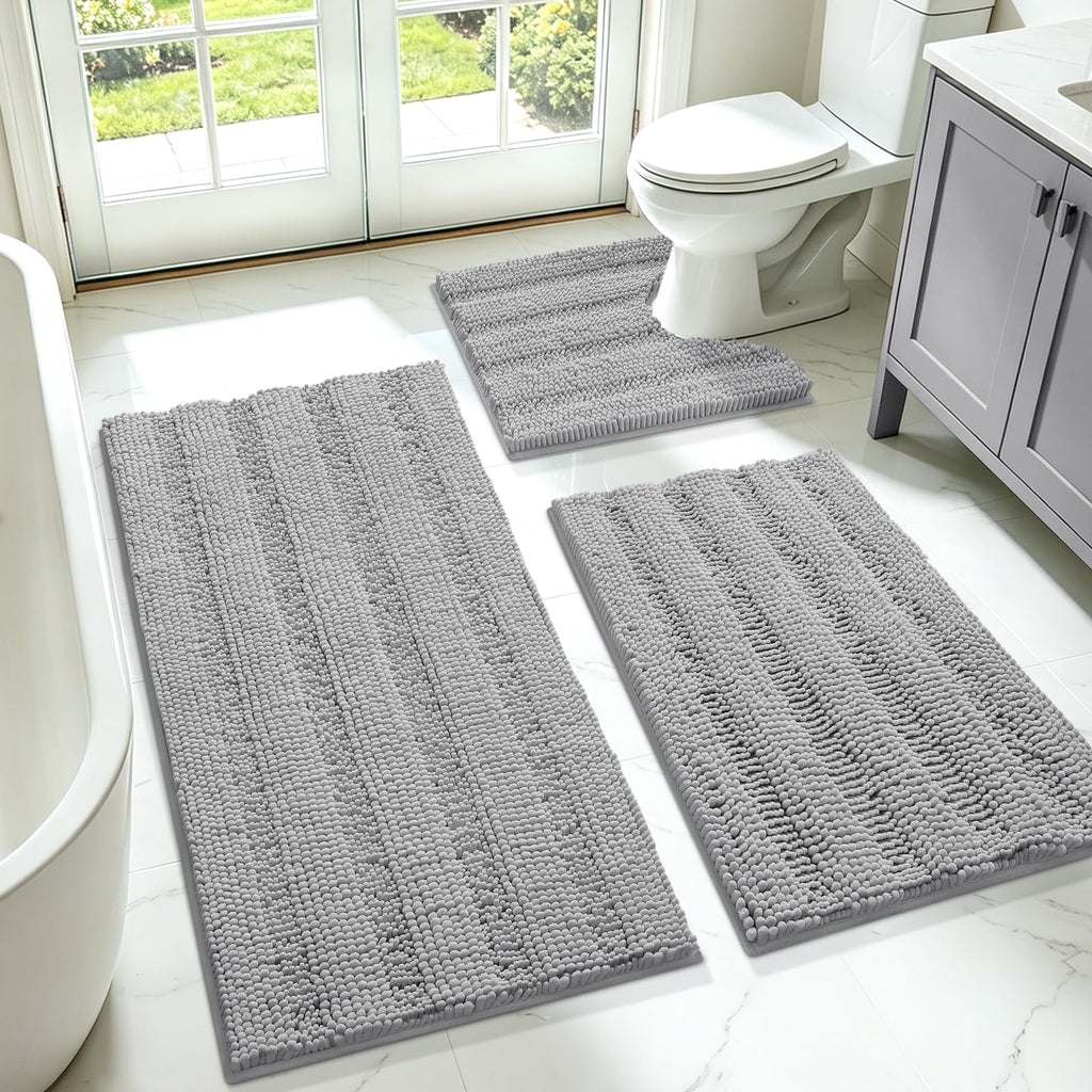 ACCUMTEK Striped Navy Blue Bathroom Rug Set 3 Pieces Ultra Soft, Non Slip Chenille Toilet Mat, Absorbent Plush Shaggy Bath Mats for Bathroom, Bedroom, Kitchen