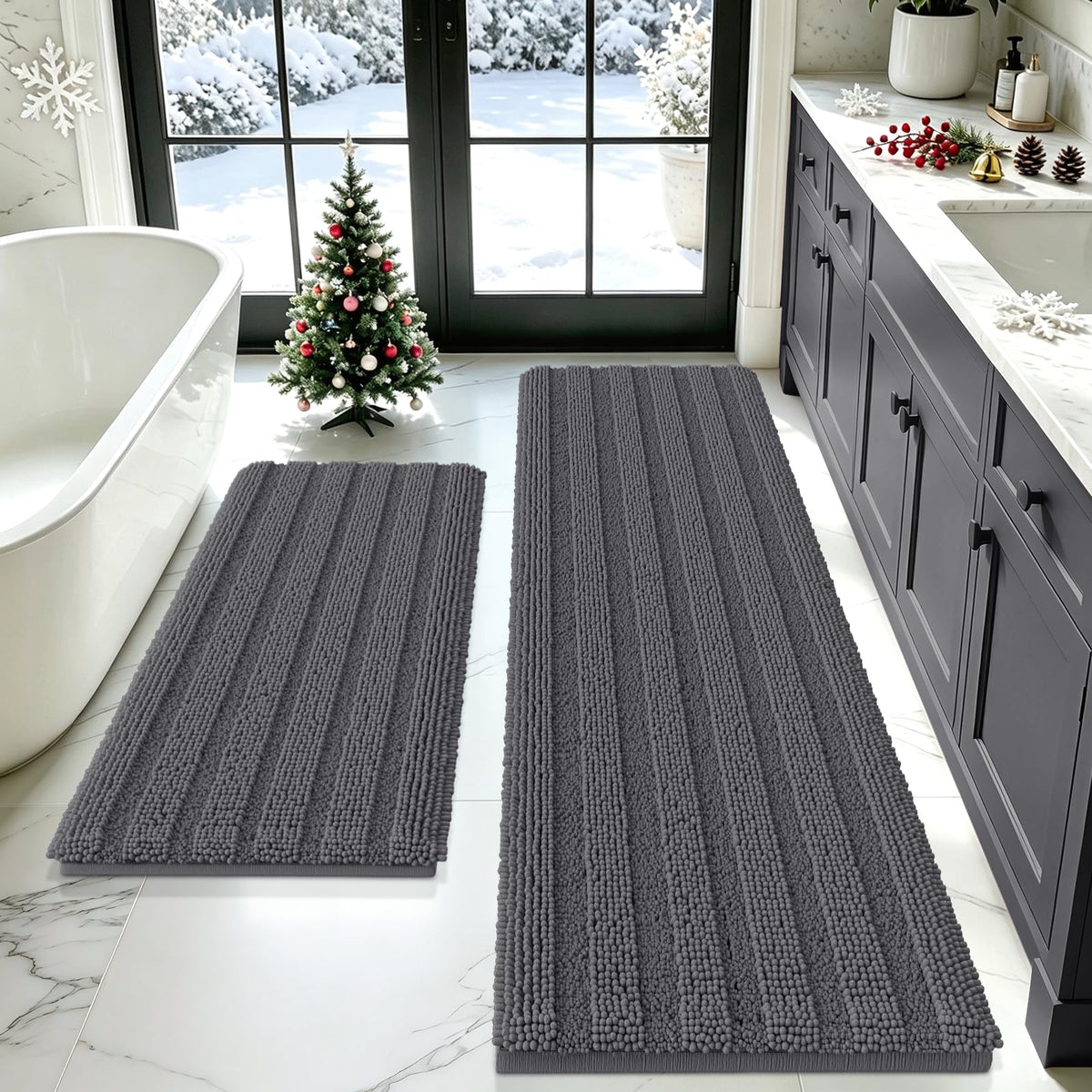 ACCUMTEK Striped Navy Blue Bathroom Rug Set 3 Pieces Ultra Soft, Non Slip Chenille Toilet Mat, Absorbent Plush Shaggy Bath Mats for Bathroom, Bedroom, Kitchen