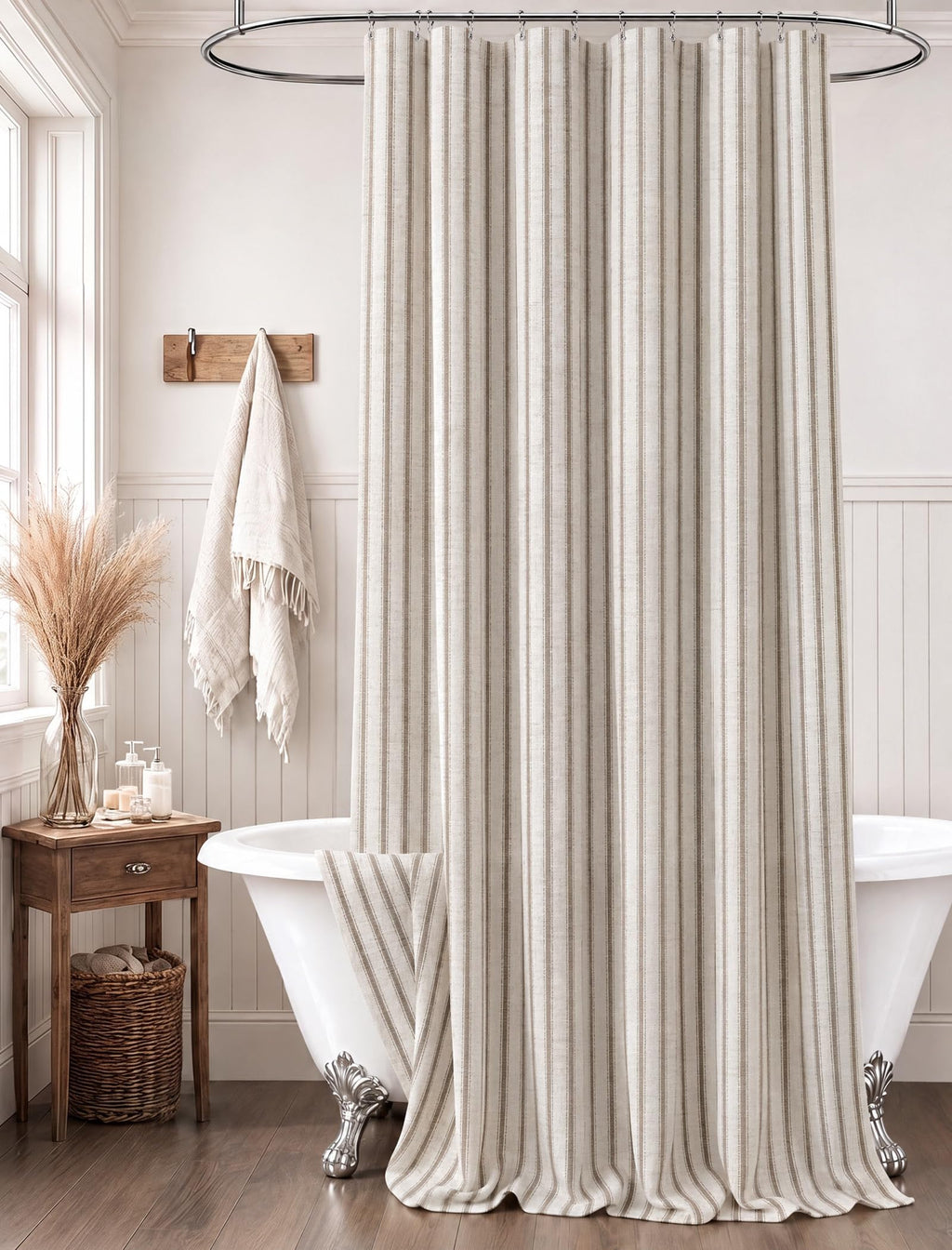 Farmhouse Striped Shower Curtain Taupe Vintage Linen Curtain 72"W X 72"L
