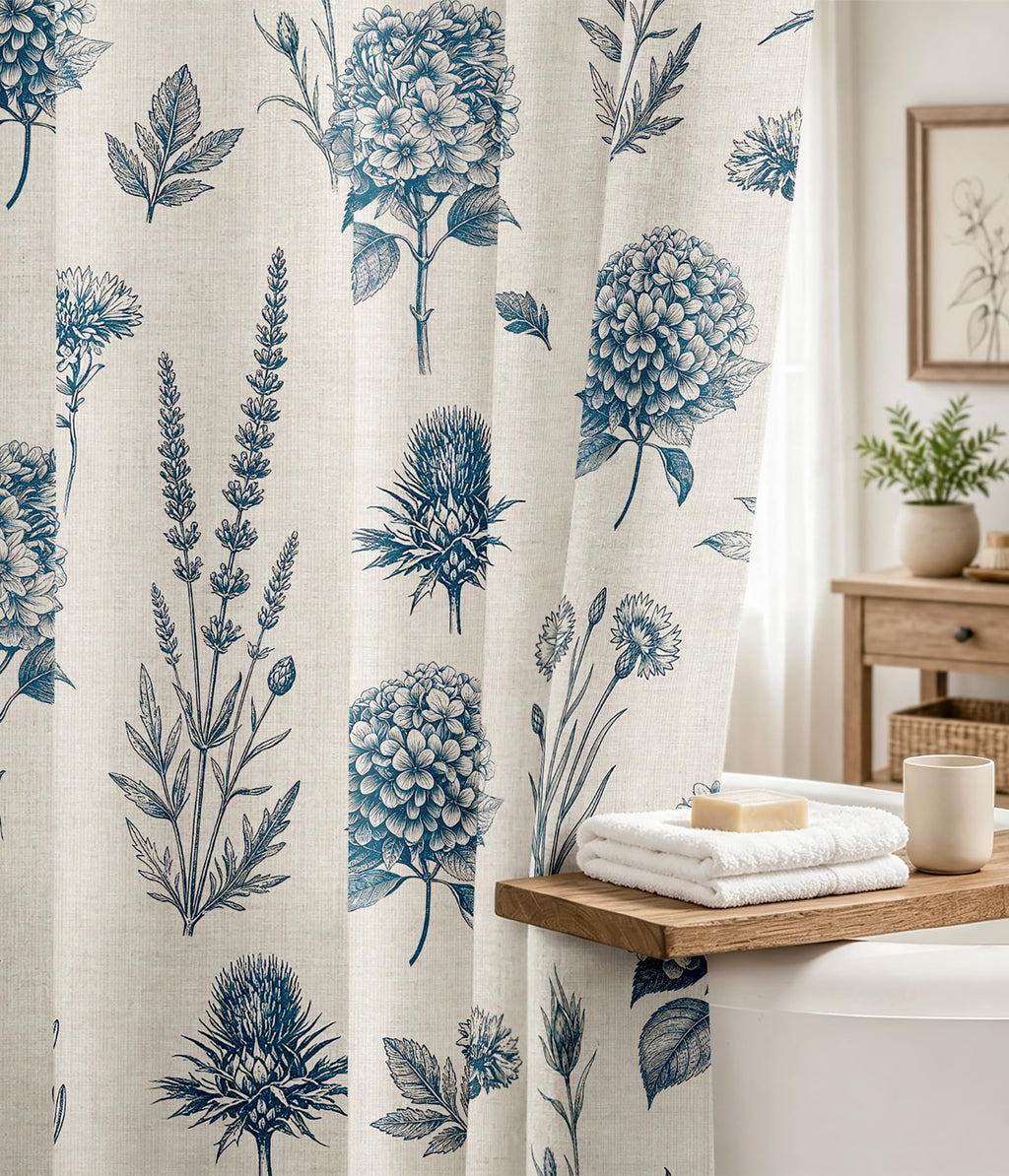 MAMUSE Linen Shower Curtain for Bathroom - Cute Aesthetic Decorative Modern Girly Unique Girls Design Farmhouse Women Waterproof Cortinas de Baño Bathtub 72 x 72 Inch, Sage Flower