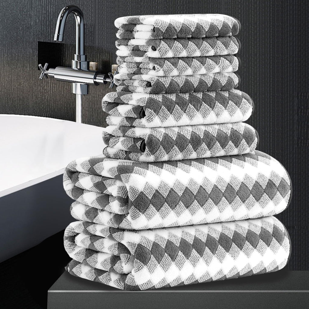 8 Piece Bathroom Towel Set Black White|2 Oversized Large Bath Towels Sheet,2 Hand Towels,4 Washcloths| 600GSM Soft Towel Set for Bathroom Hotel,Highly Absorbent Quick Dry Bath Towel Collections