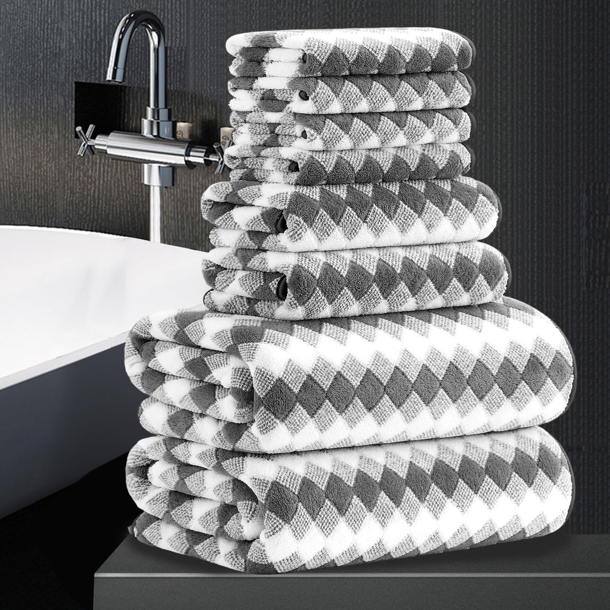 8 Piece Bathroom Towel Set Black White|2 Oversized Large Bath Towels Sheet,2 Hand Towels,4 Washcloths| 600GSM Soft Towel Set for Bathroom Hotel,Highly Absorbent Quick Dry Bath Towel Collections