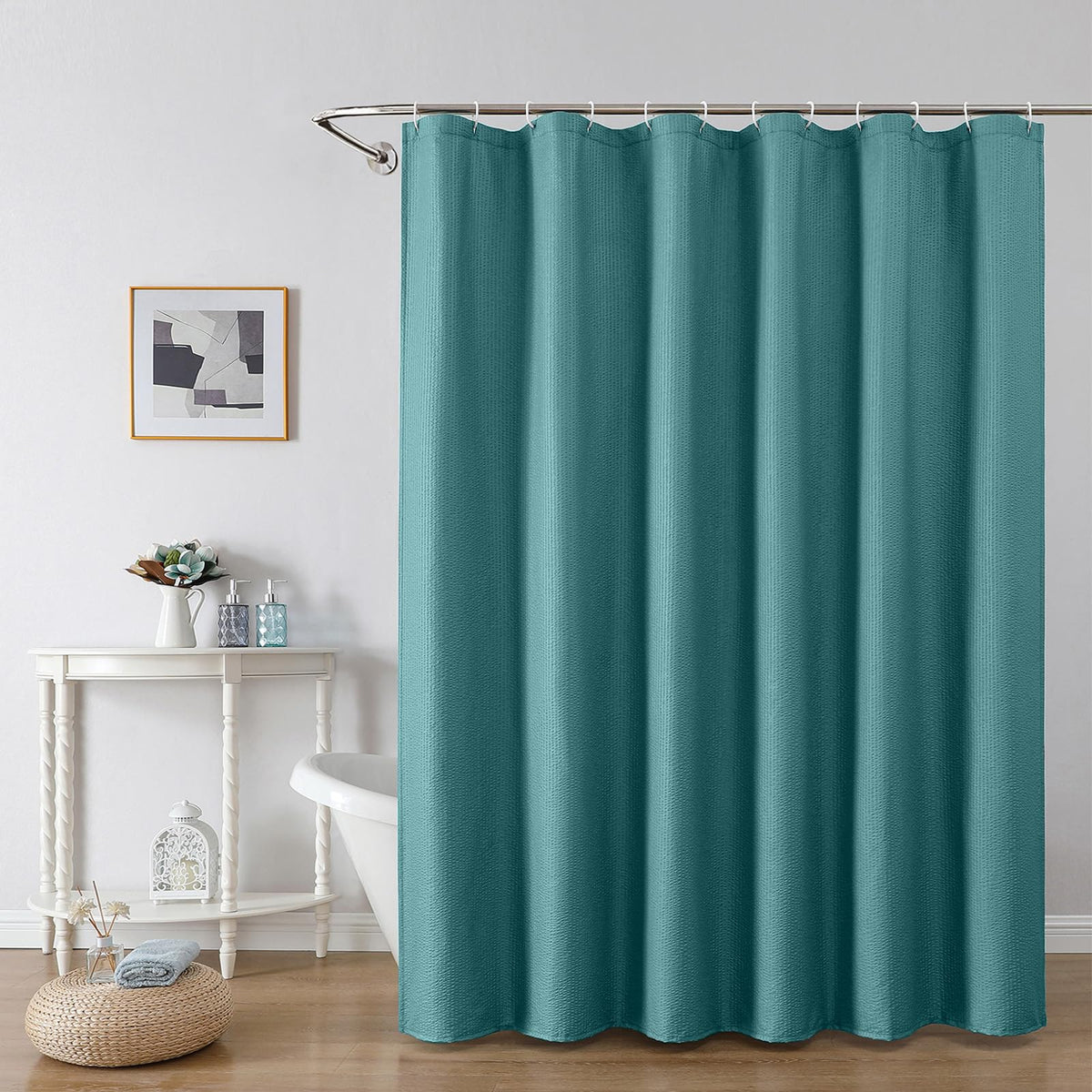 OWENIE White Shower Curtain for Bathroom 84 Inches Extra Long, Elegant 3D Embossed Textured Cloth Waffle Shower Curtain, Modern Luxury Hotel Style, Water Repellent, Machine Washable, 72X84, White