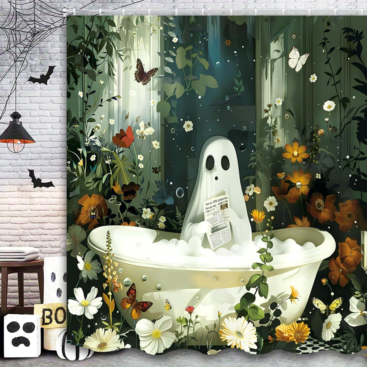 Halloween Shower Curtain Spooky Bathroom Cute Funny Shower Curtains Ghost Shower Curtain 72x72 Inch Waterproof Polyester Insulated Home Decor Set Halloween Bathroom Decor