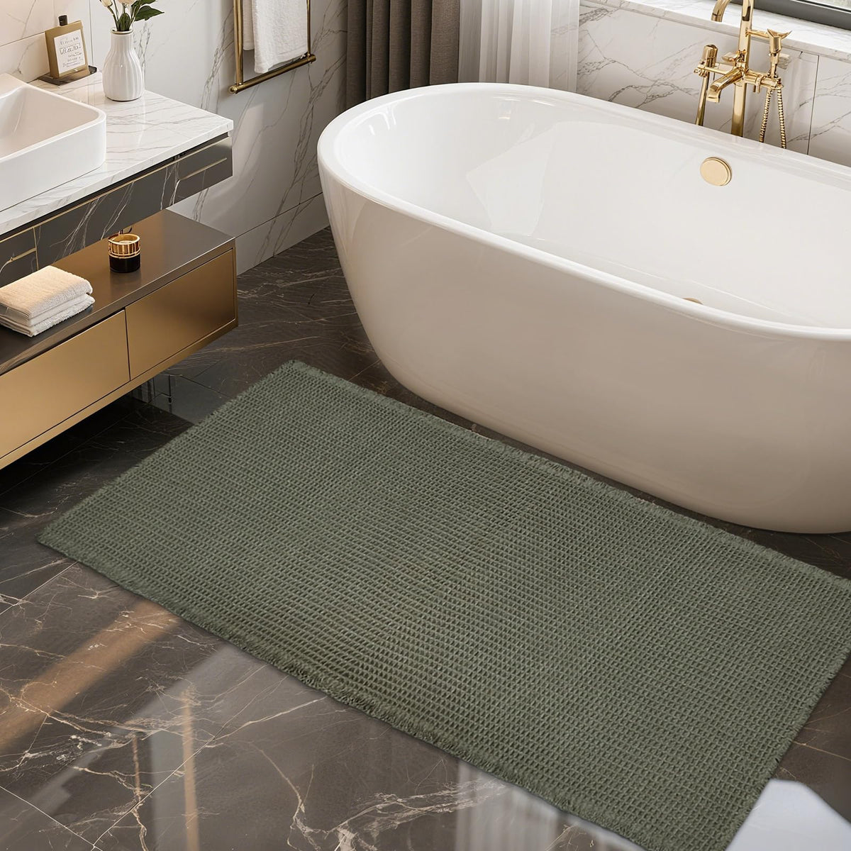 ZALL Waffle Bath Mat Boho Bathroom Mat Ultra Absorbent Non Slip 18x30 Tan