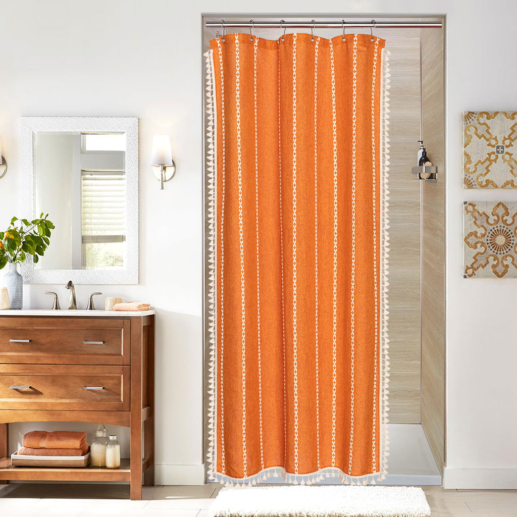 Boho Farmhouse Tassel Linen Shower Curtain,3D Embroidery Stripe Blue,72x72