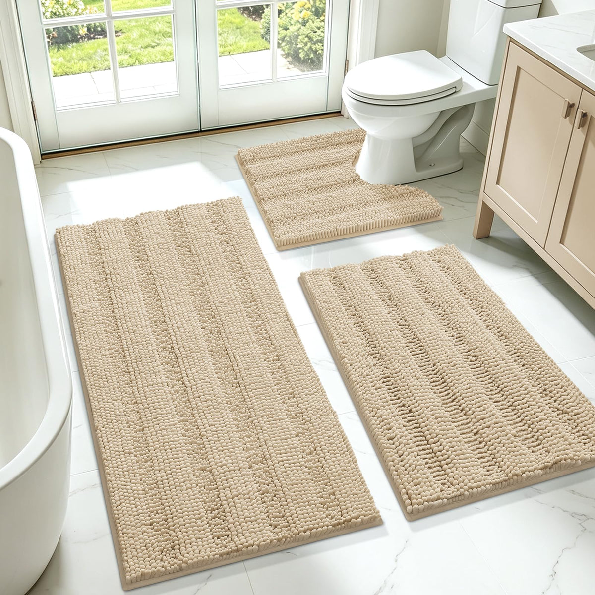 ACCUMTEK Striped Navy Blue Bathroom Rug Set 3 Pieces Ultra Soft, Non Slip Chenille Toilet Mat, Absorbent Plush Shaggy Bath Mats for Bathroom, Bedroom, Kitchen