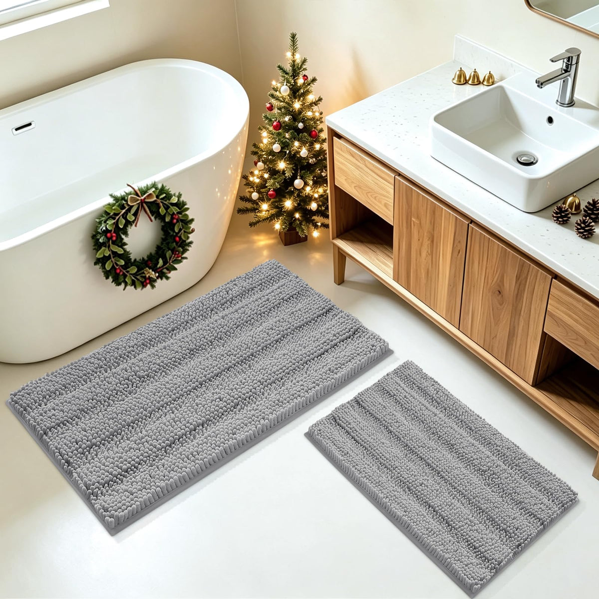 ACCUMTEK Striped Navy Blue Bathroom Rug Set 3 Pieces Ultra Soft, Non Slip Chenille Toilet Mat, Absorbent Plush Shaggy Bath Mats for Bathroom, Bedroom, Kitchen
