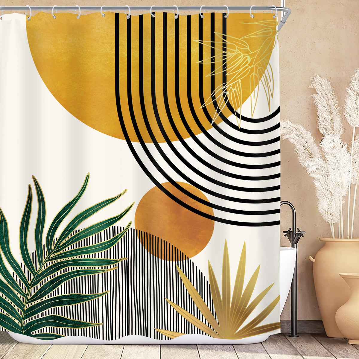 Mid Century Green Orange Boho Abstract Modern Bathroom Shower Curtain Set