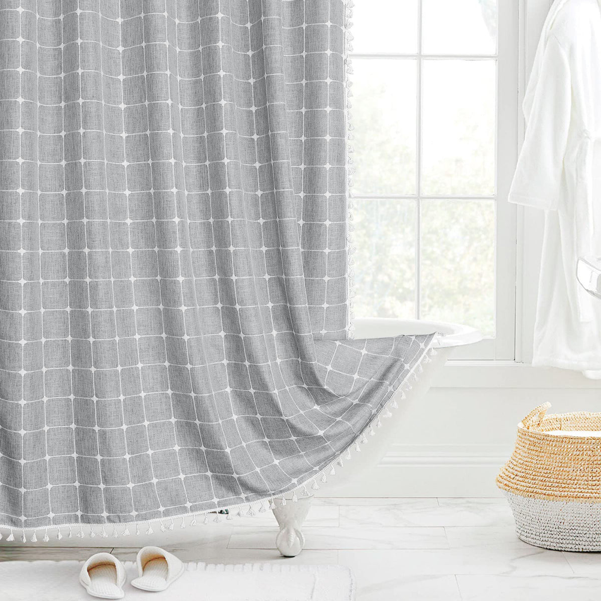 Boho Farmhouse Classic Plaid Linen Tassel Shower Curtain Blue,72x72