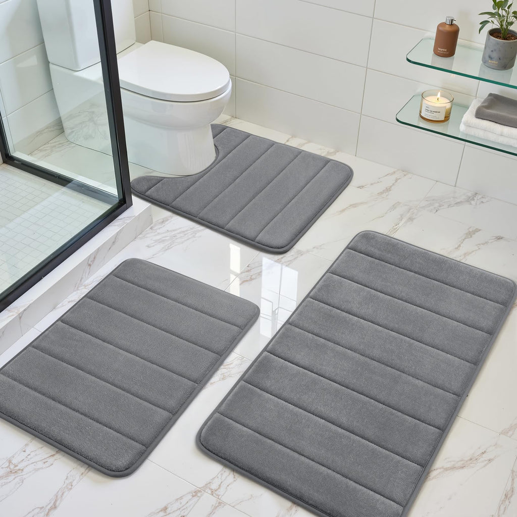 BYSURE Black Memory Foam Bathroom Rug Set 3 Piece 17"x24"+20"x32"+U Shape 20"x24"