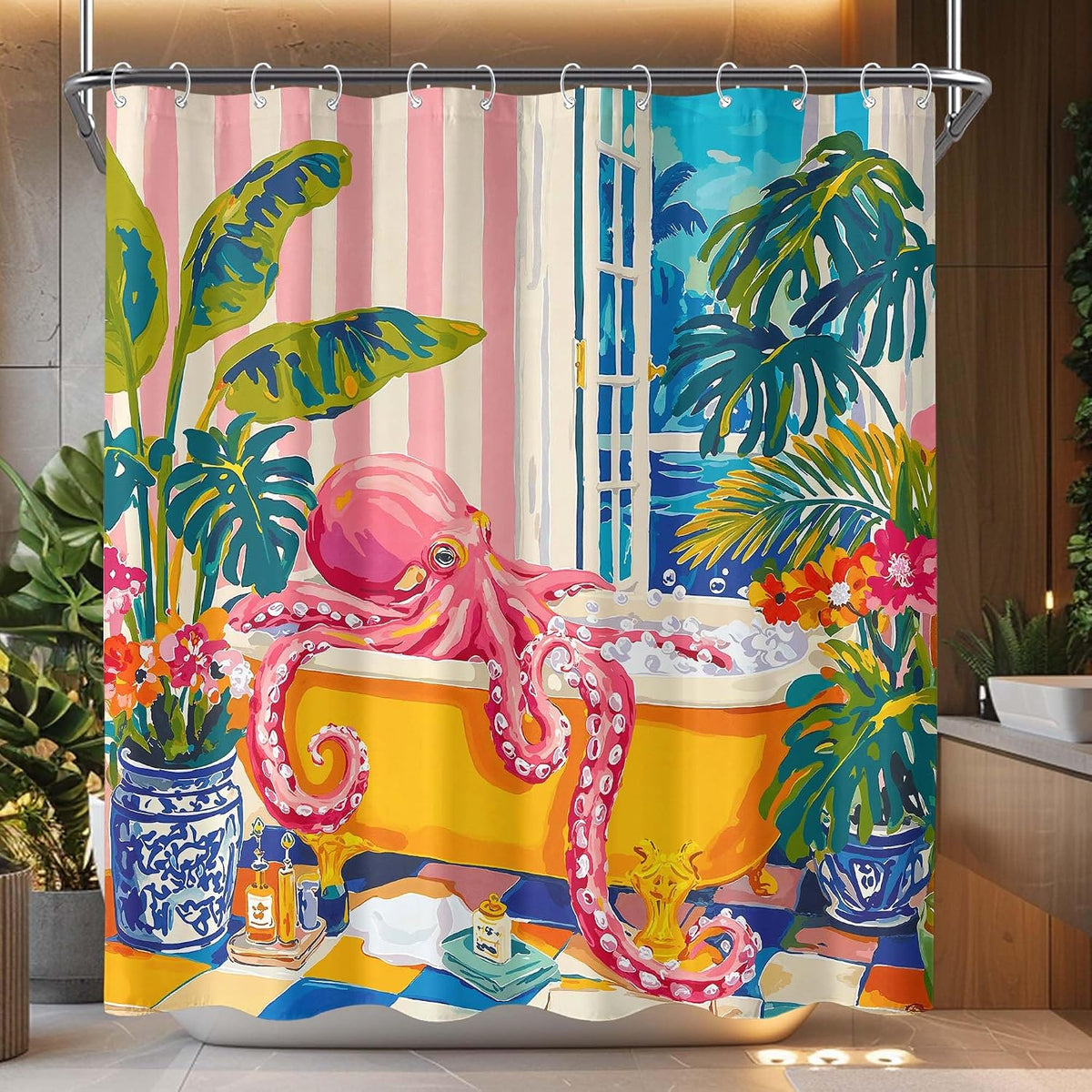 Accnicc Funny Octopus Shower Curtain Cute Boho Coastal Matisse Shower Curtains for Bathroom Green Tropical Plants Pink Decorative Unique Waterproof Fabric Bath Curtain Decor 72 X 72 Inches