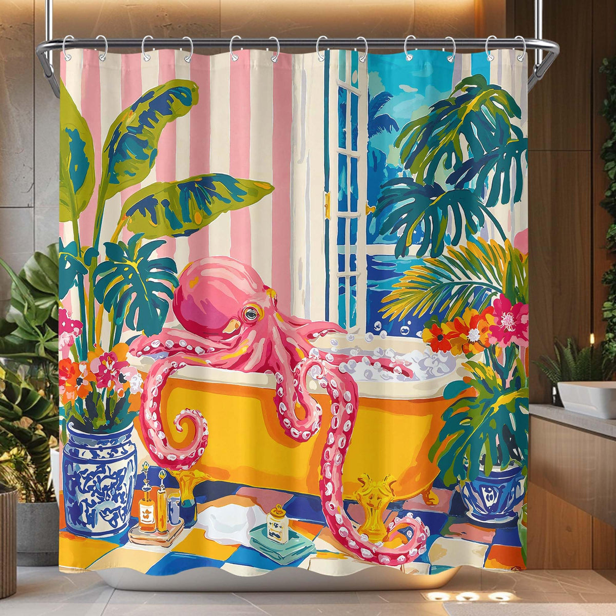 Accnicc Funny Octopus Shower Curtain Cute Boho Coastal Matisse Shower Curtains for Bathroom Green Tropical Plants Pink Decorative Unique Waterproof Fabric Bath Curtain Decor 72 X 72 Inches