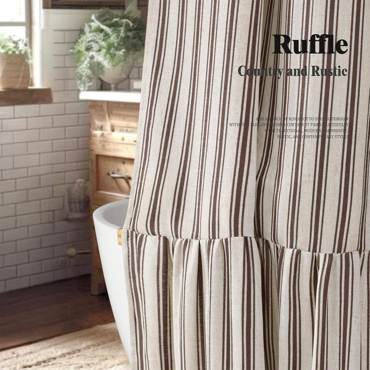 Farmhouse Shower Curtain Ruffle Linen Cream-Brown Stripe 72"W x 72"L
