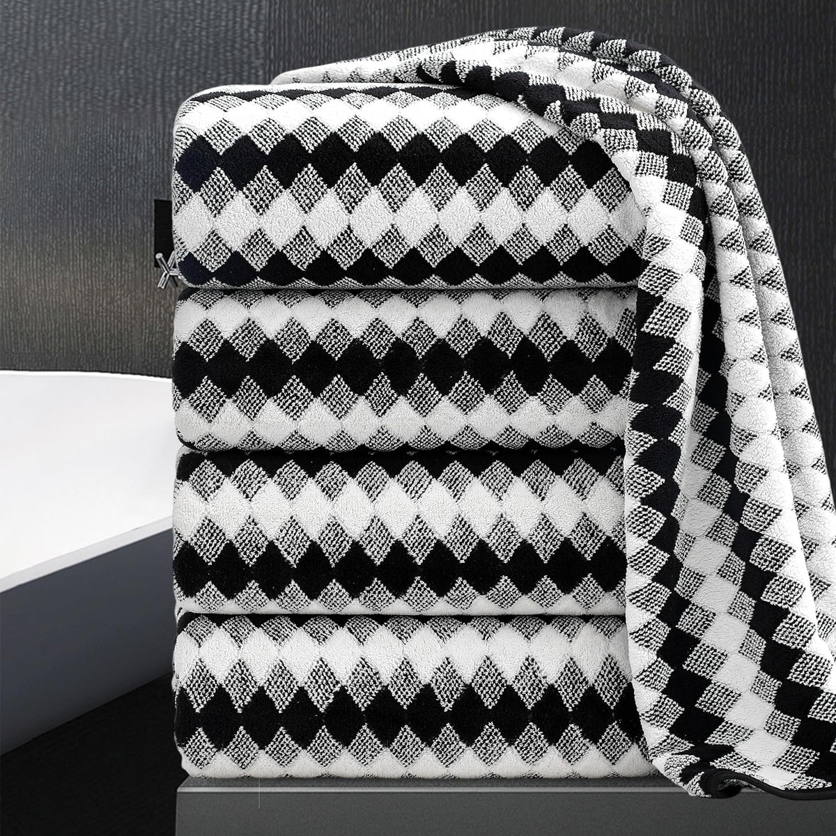 8 Piece Bathroom Towel Set Black White|2 Oversized Large Bath Towels Sheet,2 Hand Towels,4 Washcloths| 600GSM Soft Towel Set for Bathroom Hotel,Highly Absorbent Quick Dry Bath Towel Collections