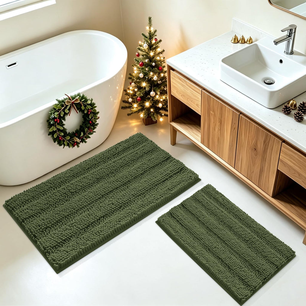 ACCUMTEK Striped Navy Blue Bathroom Rug Set 3 Pieces Ultra Soft, Non Slip Chenille Toilet Mat, Absorbent Plush Shaggy Bath Mats for Bathroom, Bedroom, Kitchen