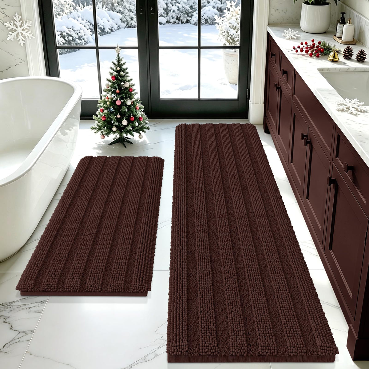 ACCUMTEK Striped Navy Blue Bathroom Rug Set 3 Pieces Ultra Soft, Non Slip Chenille Toilet Mat, Absorbent Plush Shaggy Bath Mats for Bathroom, Bedroom, Kitchen