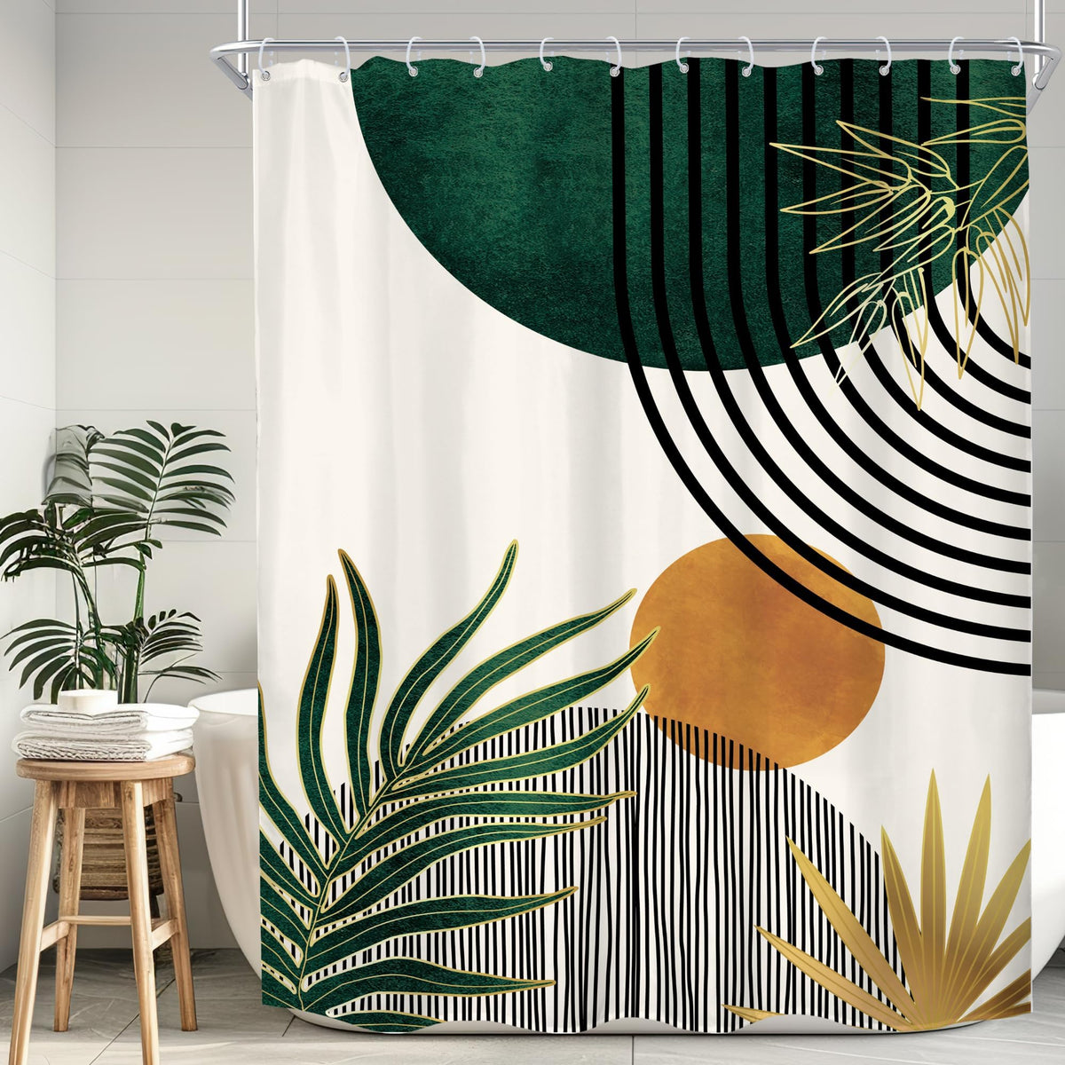 Mid Century Green Orange Boho Abstract Modern Bathroom Shower Curtain Set